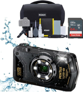 Pentax WG-8 All-Weather 20MP Rugged Digital Camera Bundle – Waterproof Shockproof Camera with 64GB Card, Case, Tripod &amp; Card Reader