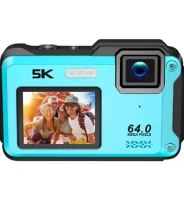 Aries SplashCam Pro Waterproof Digital Camera – 64MP Dual Screen 5K Action Camera (Blue)