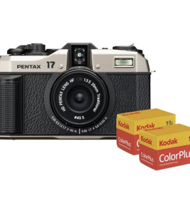 Pentax 17 Half-Frame 35mm Film Camera Dark Silver Bundle with Film Pack – Compact Retro Film Camera Kit